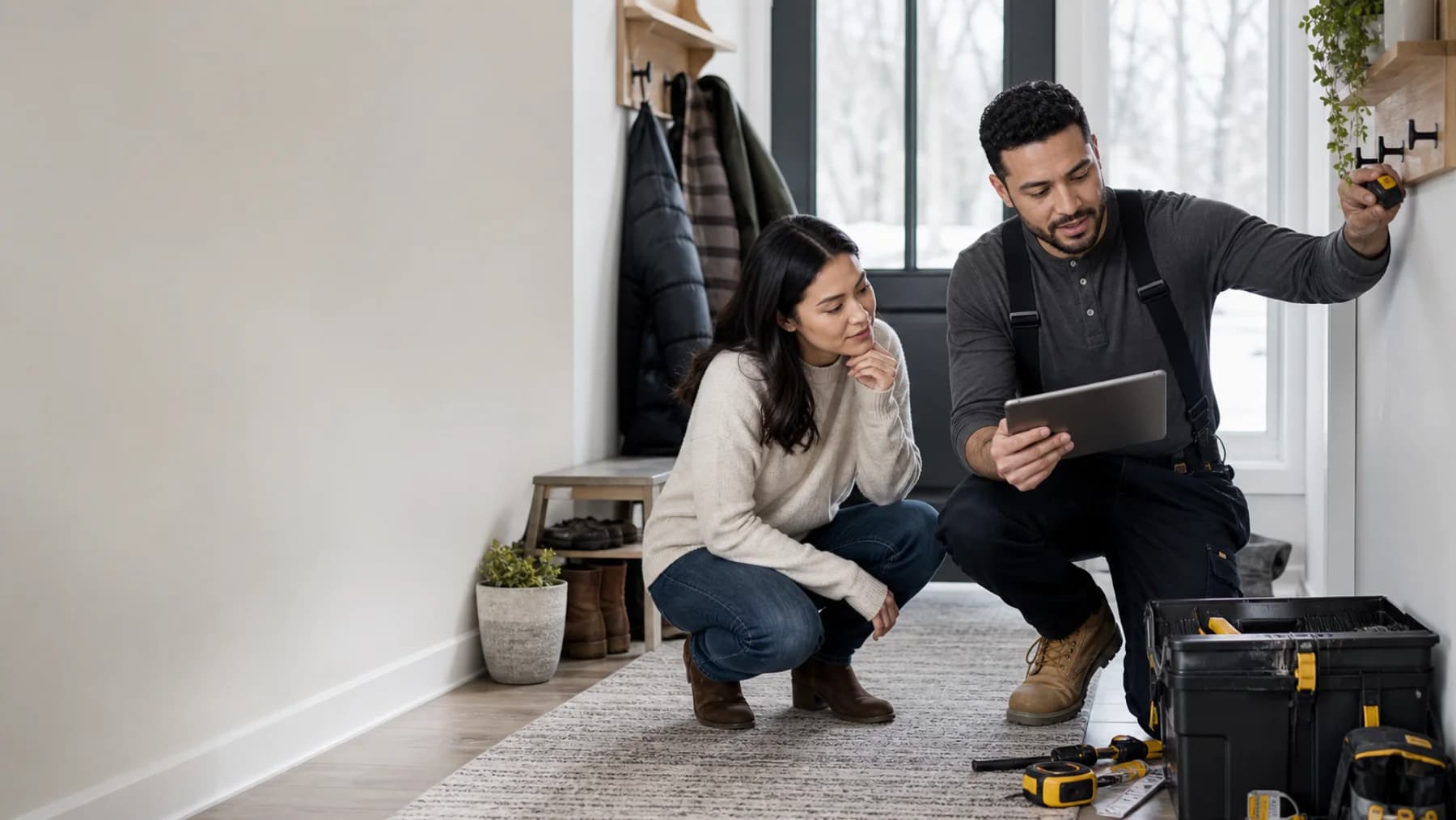 A homeowner and local home professional reviewing a wall-mounting task